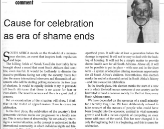 “Cause for celebration as era of shame ends” by Alex Boraine.