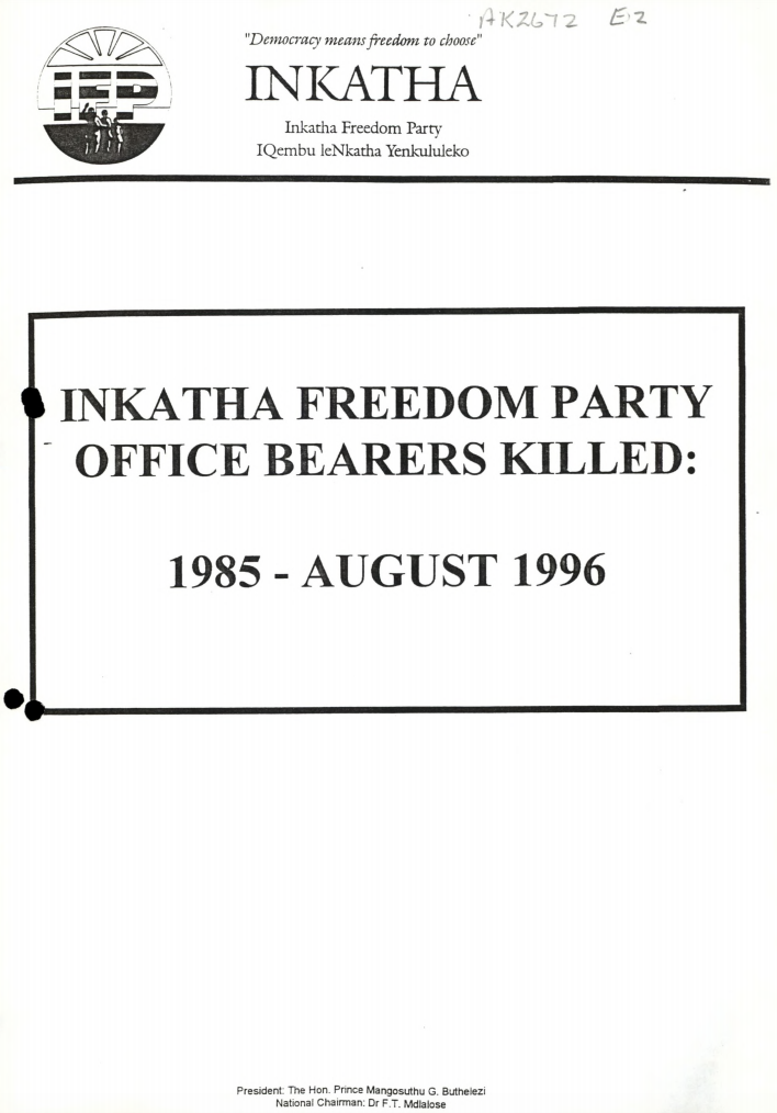 A document from the Goldstone Commission describes violence against members of the IFP, 1985-1996.