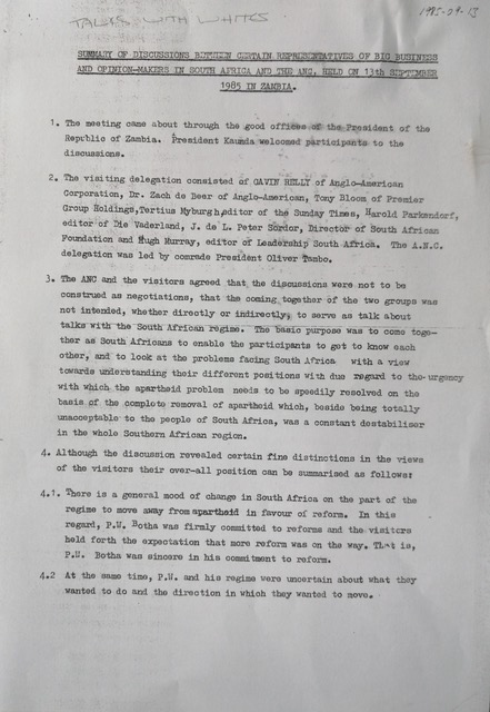 Summary of discussion between the ANC and representatives of big business, Zambia 1985.