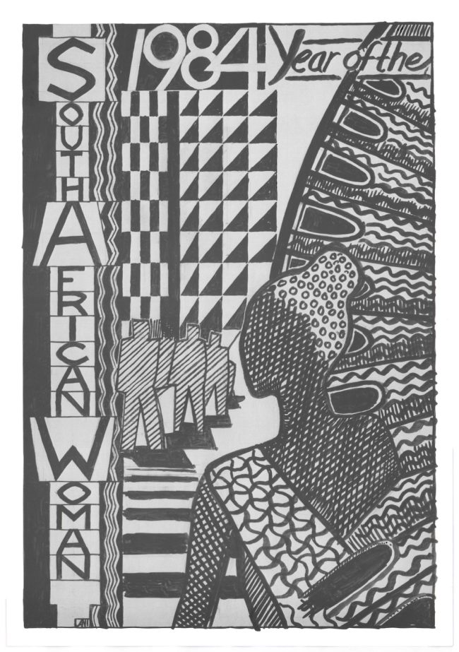 Grey and black poster with geometric artwork of a woman for 1984 - Year of the South African Woman.