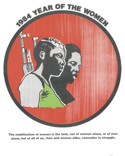 Circle in the centre with artwork of a man and a woman carrying rifles on their shoulders with caption reading “Mobilisation of women in the struggle”.