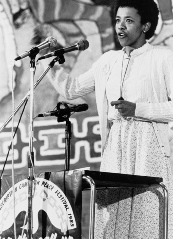 Cheryl Carolus at the End Conscription Campaign (ECC) Peace Festival, Johannesburg, 1985. Dave Hartman / UWC-RIM Mayibuye Archives
