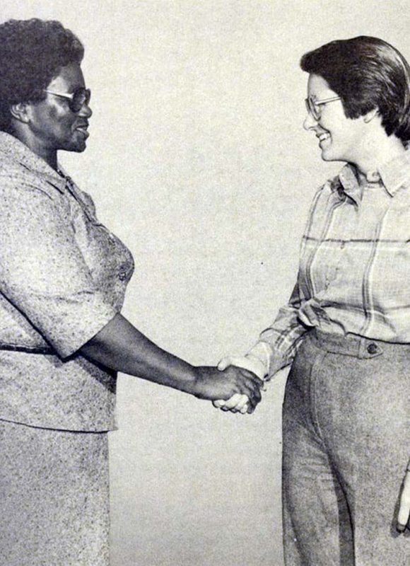 Lucy Mvubelo and Bonnie Blamick, January 1980. Los Angeles World Affairs Council