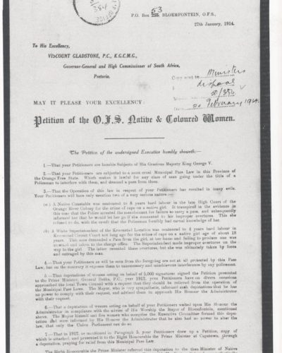 A copy of the Native and Coloured Women’s Association 1914 petition.