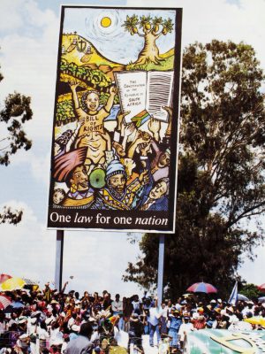 Crowd gathering to watch the signing of the constitution.