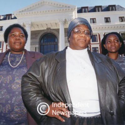 Members of Parliament and executives of the Women's League, Ntombi Shope, Thandi Modise and Bathabile Dlamini outside Parliament, August 1994.