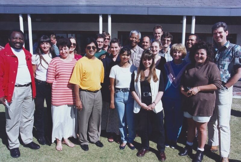 Cyril Ramaphosa, Hassen Ebrahim, Nelson Mandela and Leon Wessels with the administrative team at Arniston.