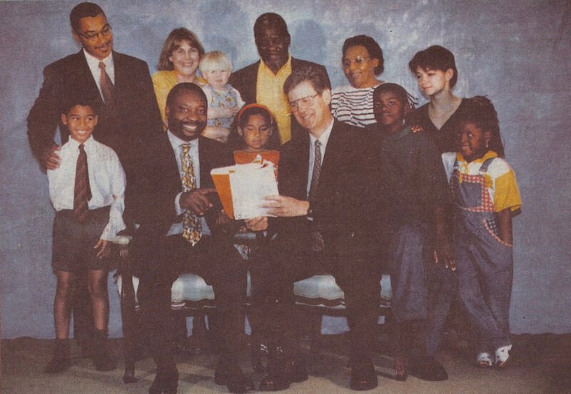 Cyril Ramaphosa and Leon Wessels proudly displaying the draft copy of the constitution.