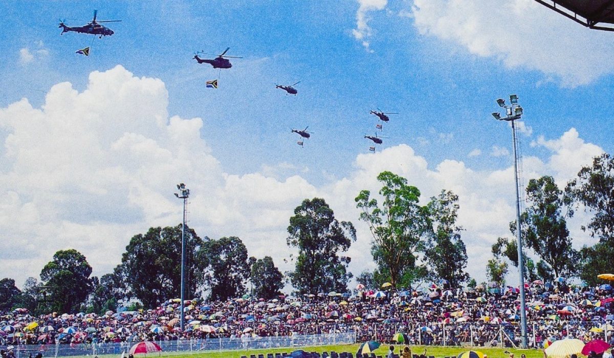 Helicopters of the South African Air Force fly over Sharpeville as President Mandela prepares to sign the Constitution.